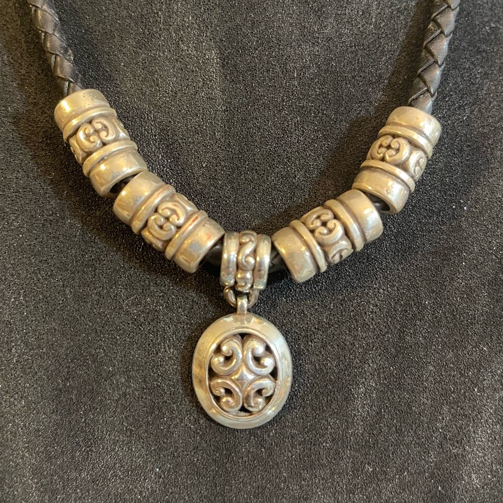 Vintage Brighton Braided Learher Choker Necklace With Pendant 15